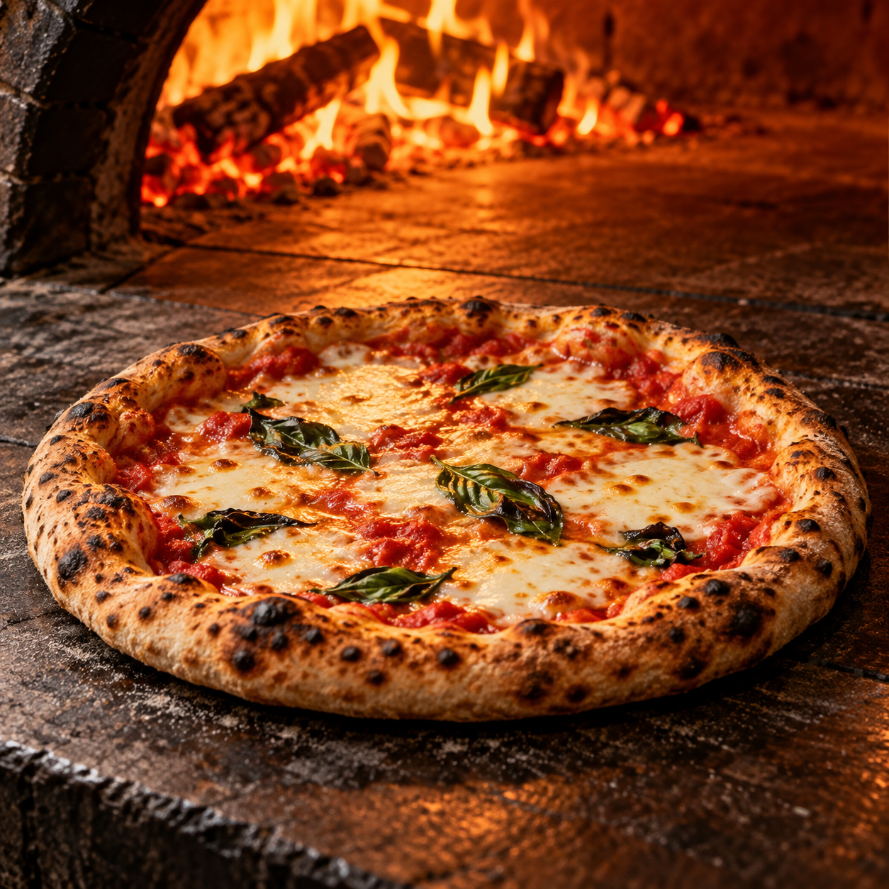 Pizza artesanal assada em forno com queijo, tomate e manjericão